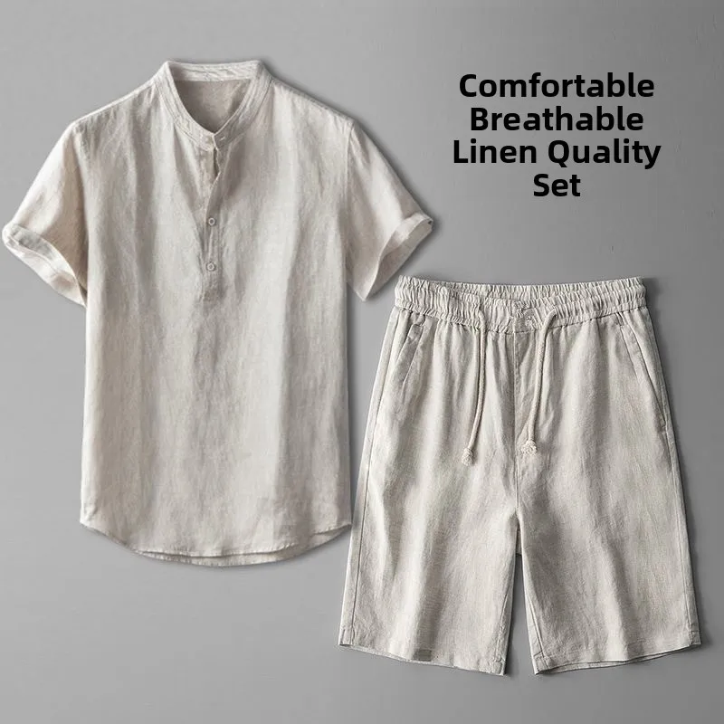 Lightweight Linen Two-Piece Set Chinese Style Buddhist Layman's Clothing Summer Casual Wear Short Sleeve  Color