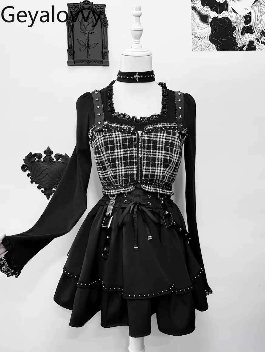 

2026 Spring New Japanese Subculture Gothic Rivet Lace Set Sweet Girls Vest and Base Shirt Top Lace-up Black Short Skirt Suit