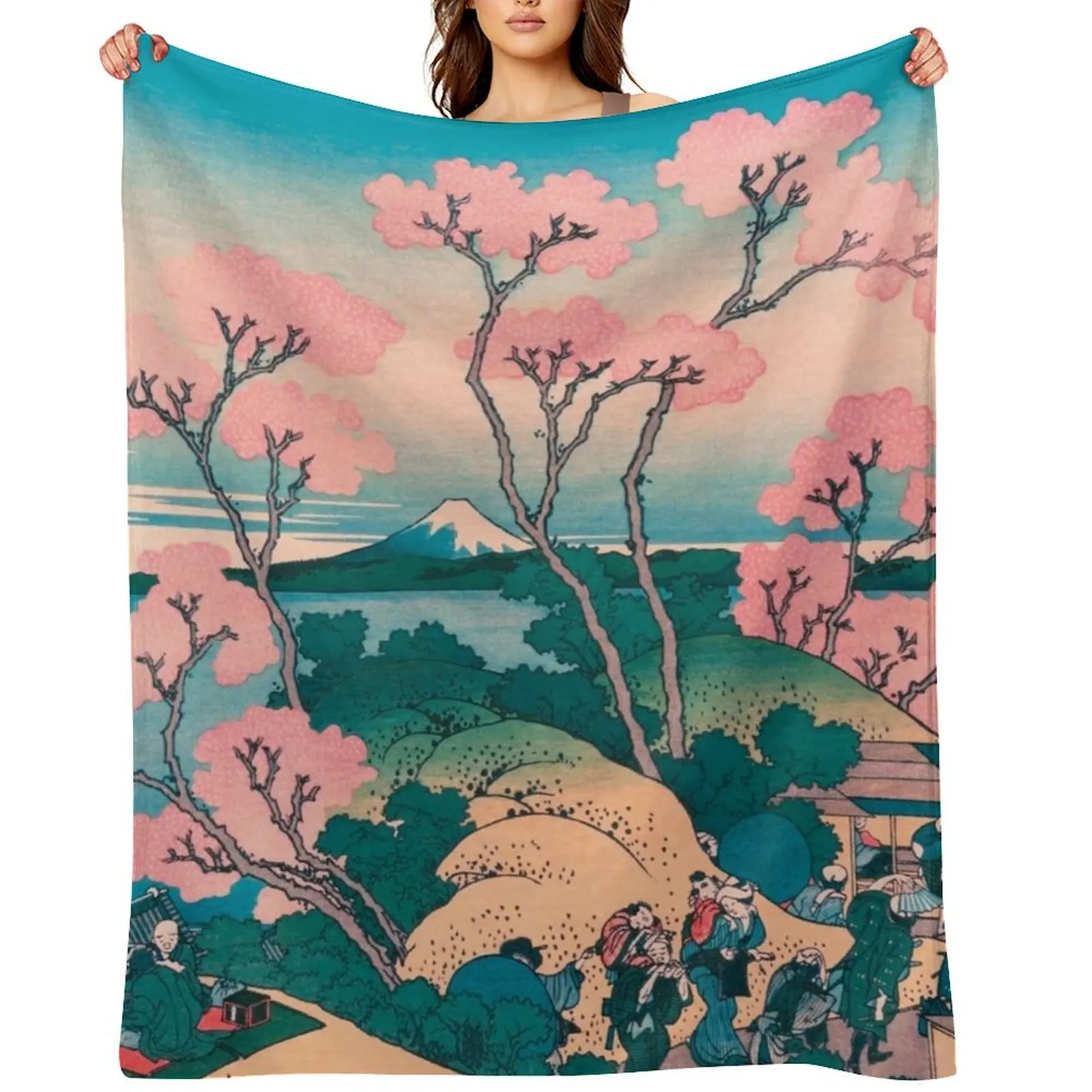 

Spring Picnic under Cherry Tree Flowers, with Mount Fuji background Throw Blanket Large cosplay anime Polar Bed linens Blankets