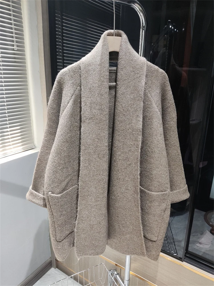 [EWQ] Knit Shawl+ Big Pocket Spliced Loose Sweater Coat Women Long Sleeve Gray Cardigan Jacket 2024 Autumn Winter New 16U5172