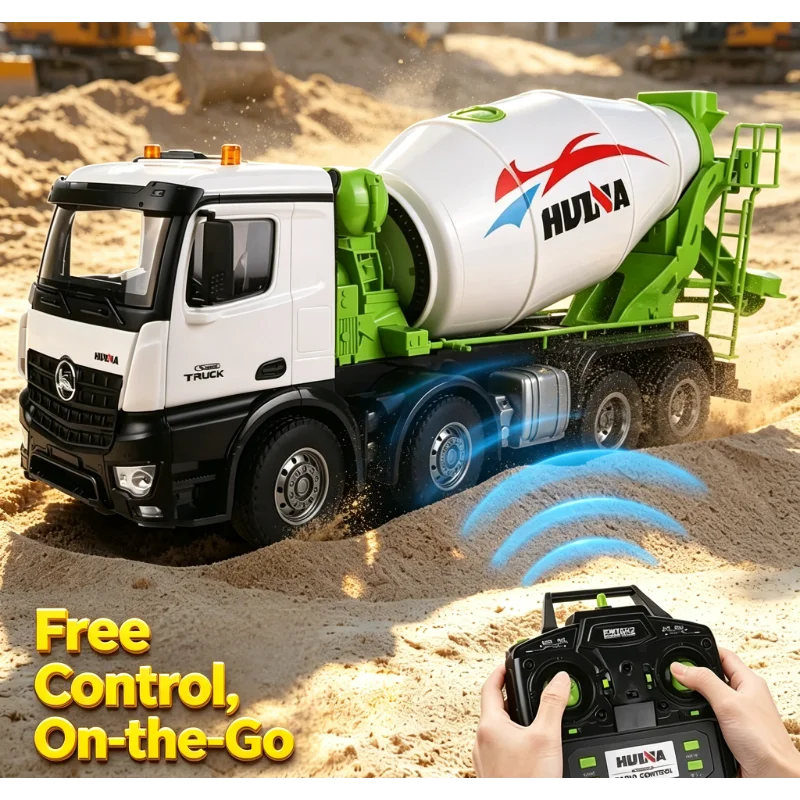 Huina Simulated Cement Mixer Truck Model, Pull‑Back Engineering Vehicle With Light & Rubber Tires For Collection Display