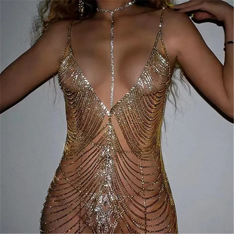 

Women's Luxury Umbilical Tank Top Sparkling Rhinestone Crystal Body Chain Tassel Sexy Hollow out Suspender Top Jewelry Accessori