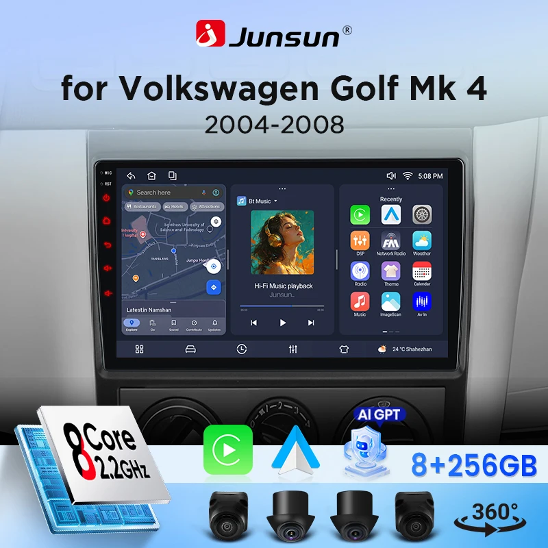 Autoradio Android Junsun 9 pouces pour Volkswagen Golf Mk4 2004 2005 - 2008, CarPlay et Android Auto sans fil, écran tactile IPS HD, GPS, multimédia, 360 °   Lecteur multimédia avec caméra, DSP, RDS, WiFi, écran partagé, Mirror Link, Bluetooth mains libres