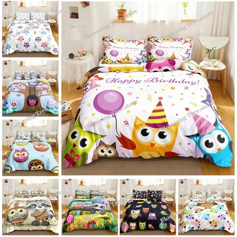 

Cartoon Owl Bedding Set 3D Wildlife Print Comforter Cover Bird Animal Duvet Cover King Size Nighthawk Soft Polyester Quilt Cover