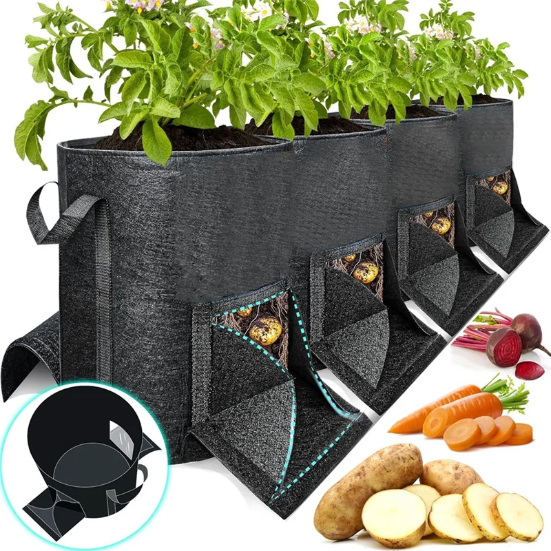 

ABVJ-4Pcs 15 Gallon Potato Grow Bags With Unique Harvest Window & Visible Window, Non-Woven Planter Pot With Sturdy Handle