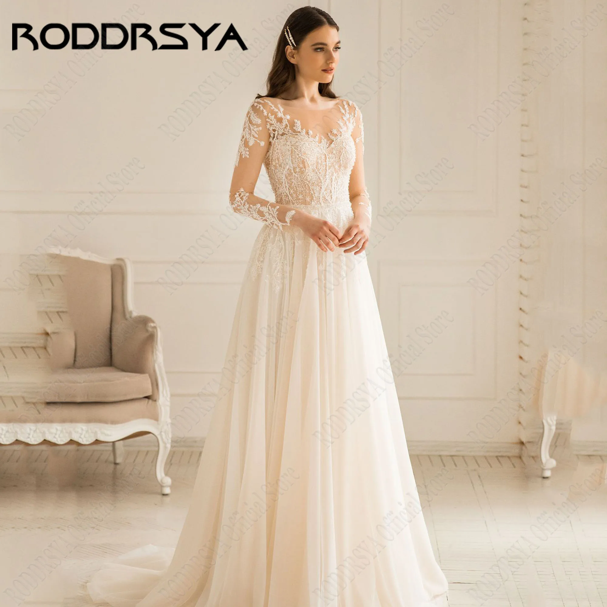 

RODDRSYA Long Sleeves Lace Wedding Dress 2025 A-Line Scoop Neck Beading Bridal Gown Applique Tulle Vestido De Noiva Customized