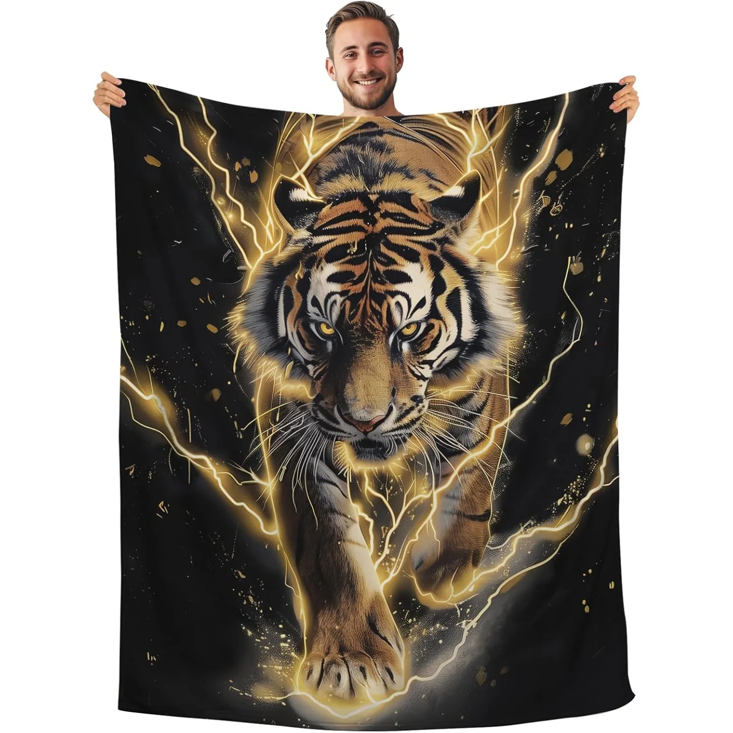 Gold Lightning Tiger on Black Throw Blanket Cool Animal Print Gifts Fuzzy Fleece Plush Soft Flannel Blanket 60x50 Inch
