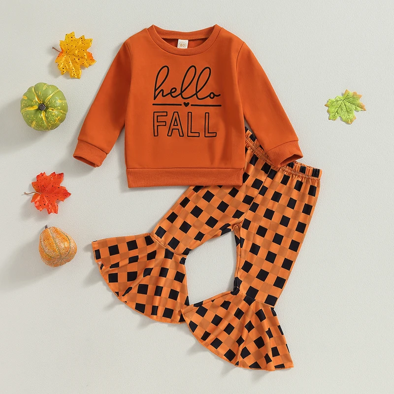 

Girls 2-Piece Outfit Stylish Long Sleeve Sweatshirt with Printed Letters and Plaid Flare Pants Set Featuring Elastic Waistband