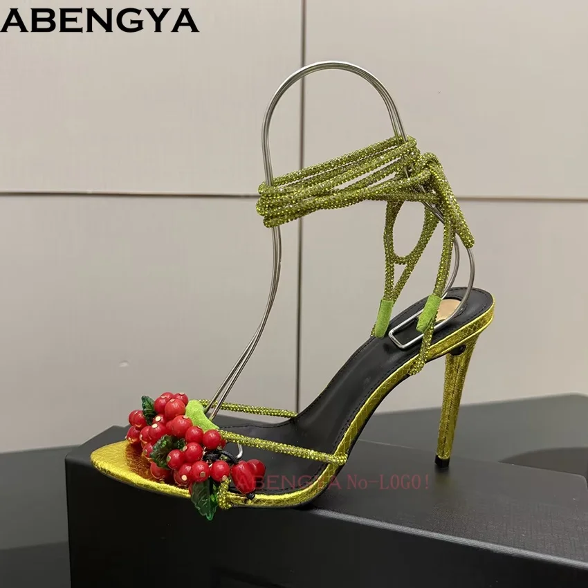 Hot Luxury Silk High Heels Sandals Women String Bead Party Shoes For Woman Ankle Strap Crystal Women's Modern Sandalias Mujer