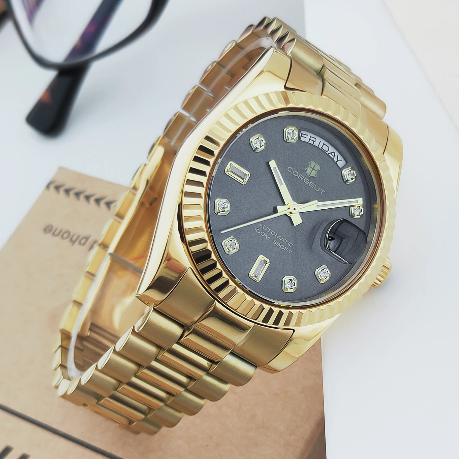 Corgeut 39mm Męski Zegarek Automatyczny Złoty Relogio Masculino nh36 Mechaniczny Szafirowy Biało-Różowa Tarcza Stalowa Bransoleta Zegarek Męski