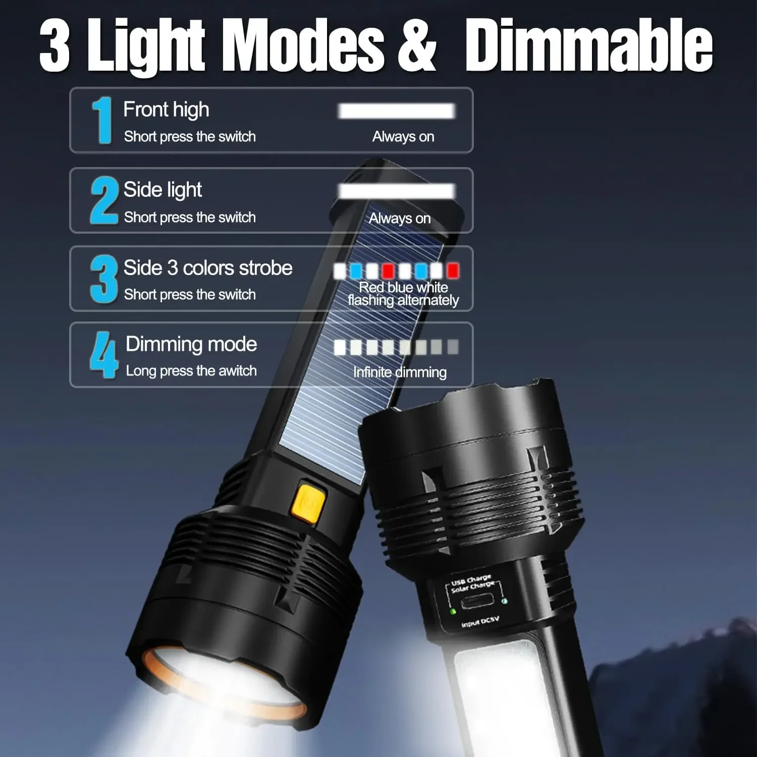 Solar/USB Rechargeable LED Flashlight 3 Modes Adjustable Brightness Super Bright Torch Outdoor Waterproof Flashlights