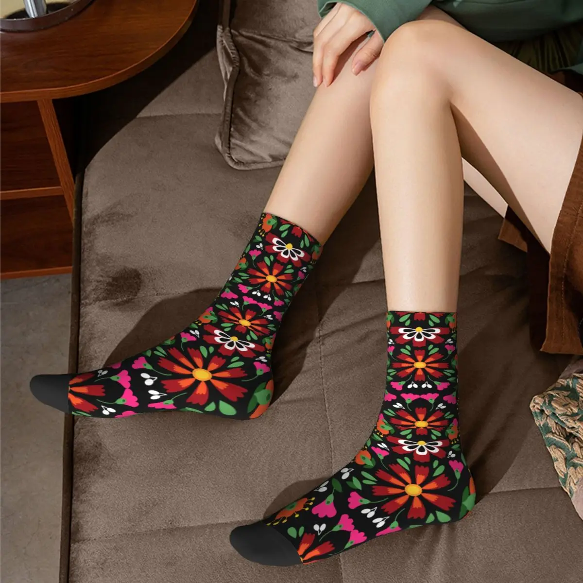 Autumn Winter Hip-hop Men's Women's Black Flower Mexican Style Socks Sweat Absorbing Sports Socks