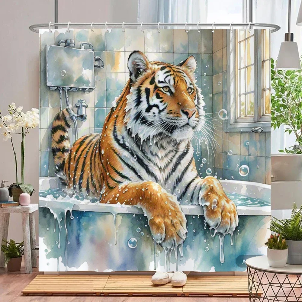 Funny Wild Animal Shower Curtain Watercolor Tiger Lion Dinosaur Black Bear Bath Tub Bubble Print Waterproof Fabric Bathroom Curt