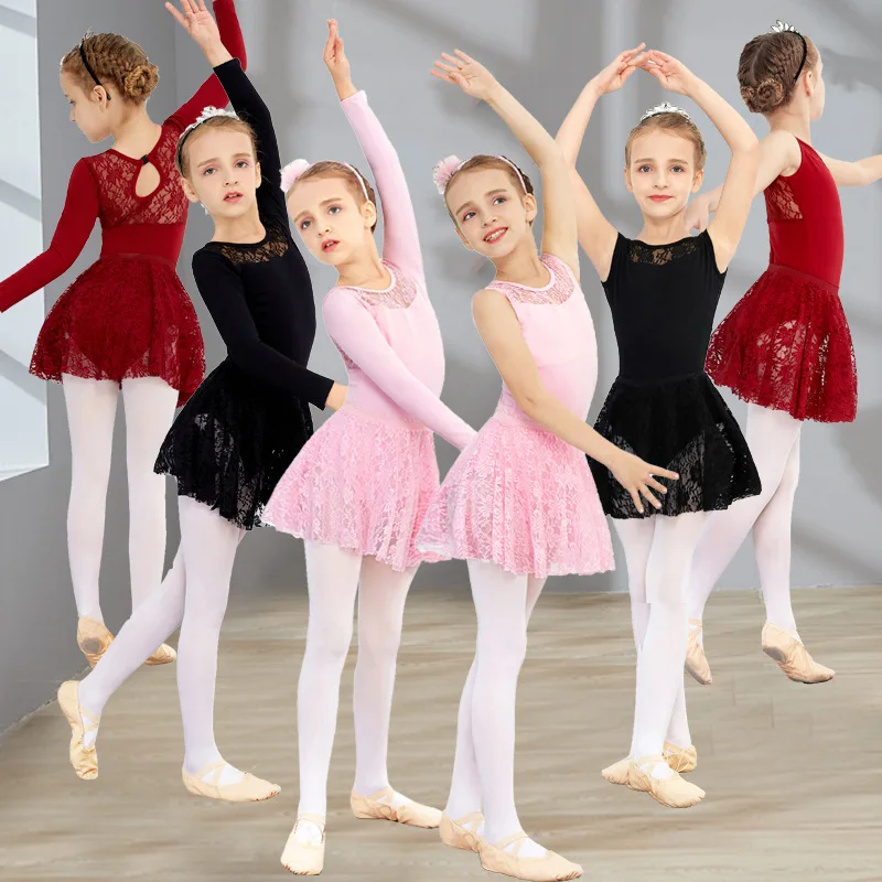 Female' S Ballet Dance Leotards Long/short Sleeve Black Lace Skirt Suit Women Ice Skating Dress Gymnastics Leotard Dress