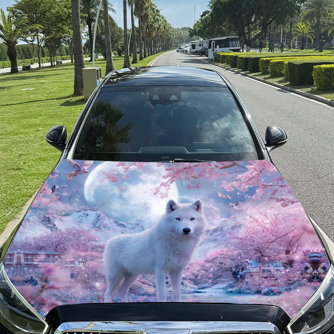 

Moonlit Cherry Blossoms with White Wolf Car Vinyl Wrap, PVC Material Waterproof Car Hood Sticker, Self-Adhesive Scratch-Resistan