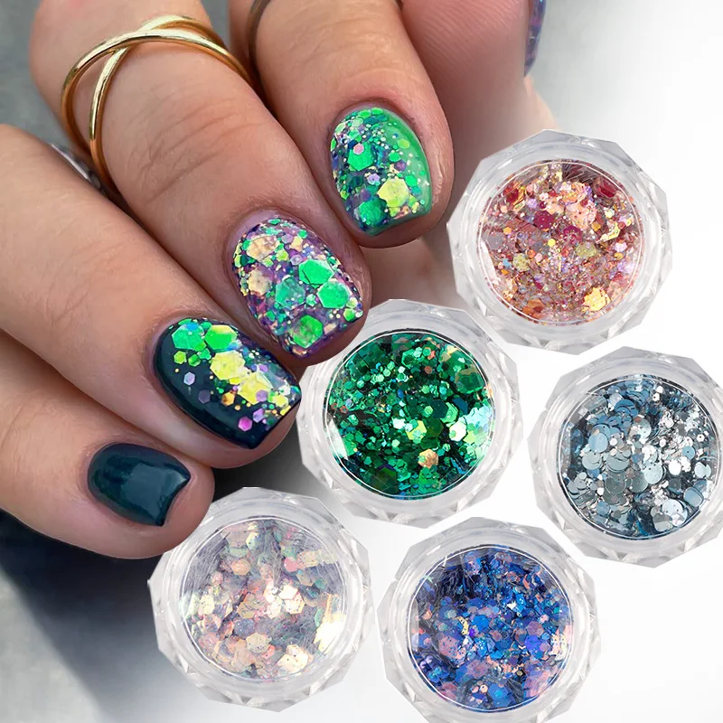 Nagel Glitter Pailletten Nail Art Chrom Pulver funkelnd glänzend gemischte Form Sechseck Flocken Dekor für Acryl Nägel Werkzeug