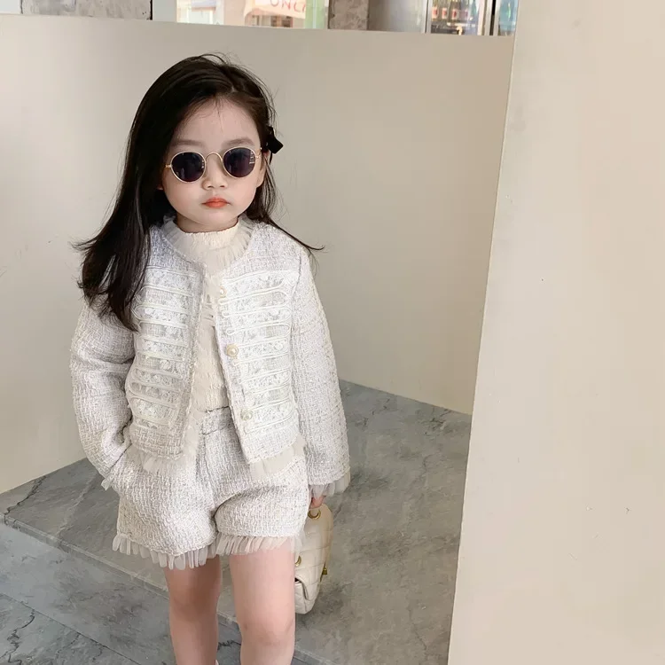 Children Clothes Sets Korea 2024 Spring Autumn Girls Lace Coat and Short Pants Sweet Princess Full Solid Baby Girl Clothes Set