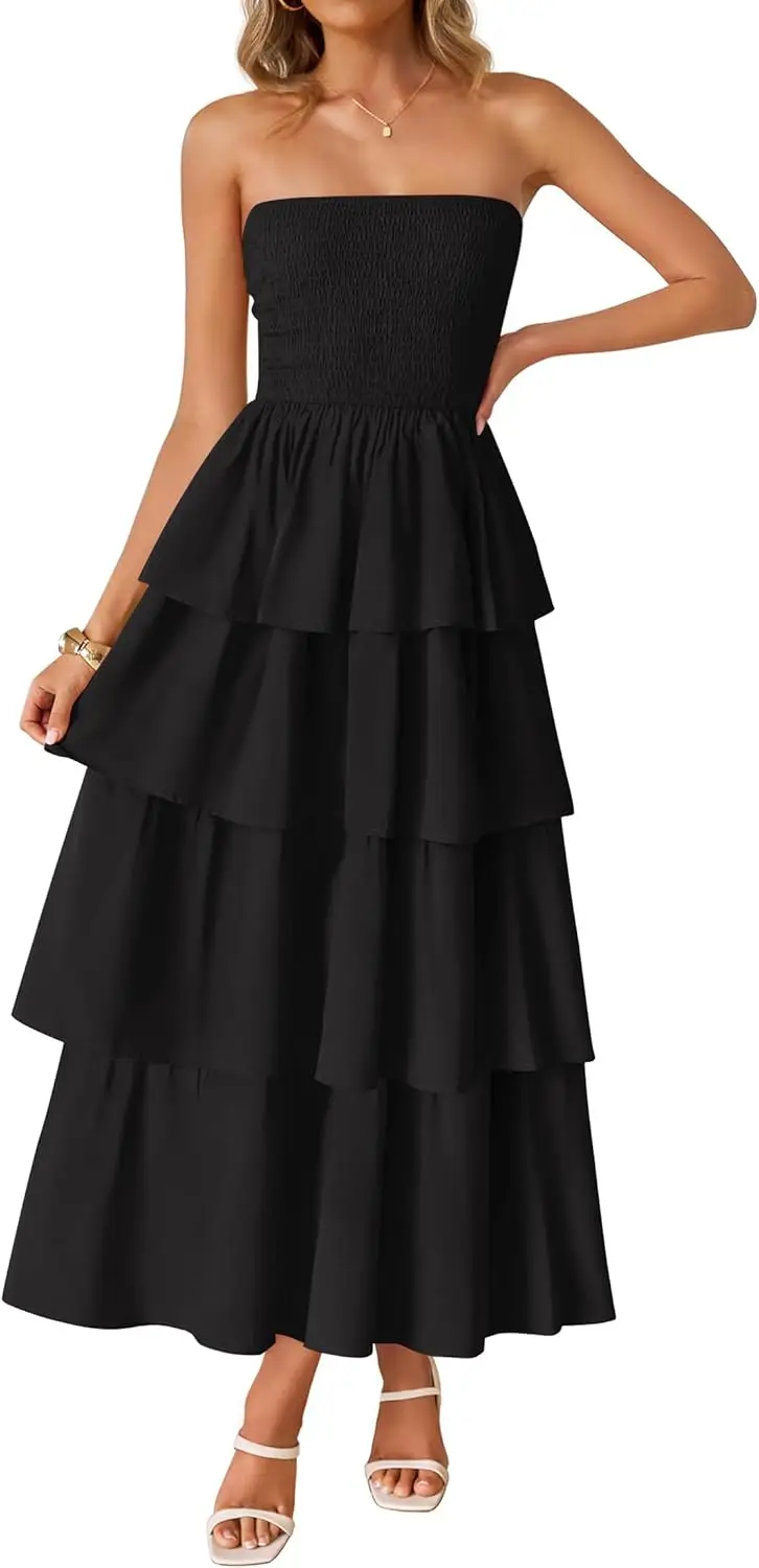 Feminino verão boho sem alças maxi vestido casual sem mangas fora do ombro smocked em camadas praia longo vestido de noite