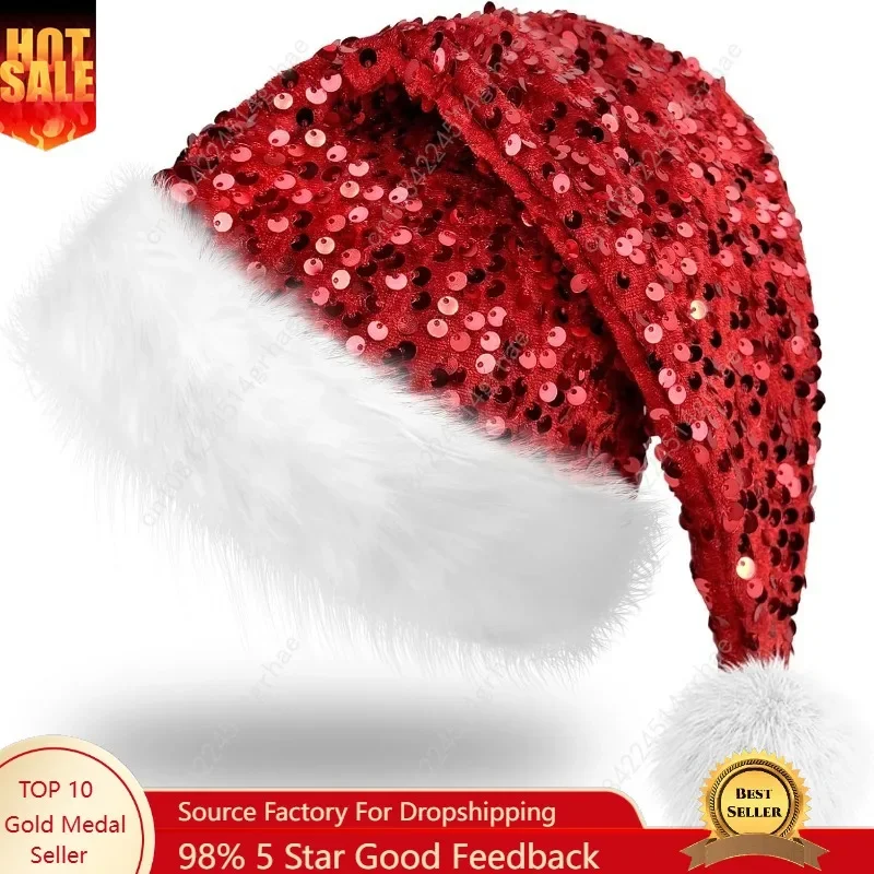 

Hikkcos Christmas Sequin Santa Hat - Glittery Sparkly Santa Hat for Adults - New Year Xmas Festival Party