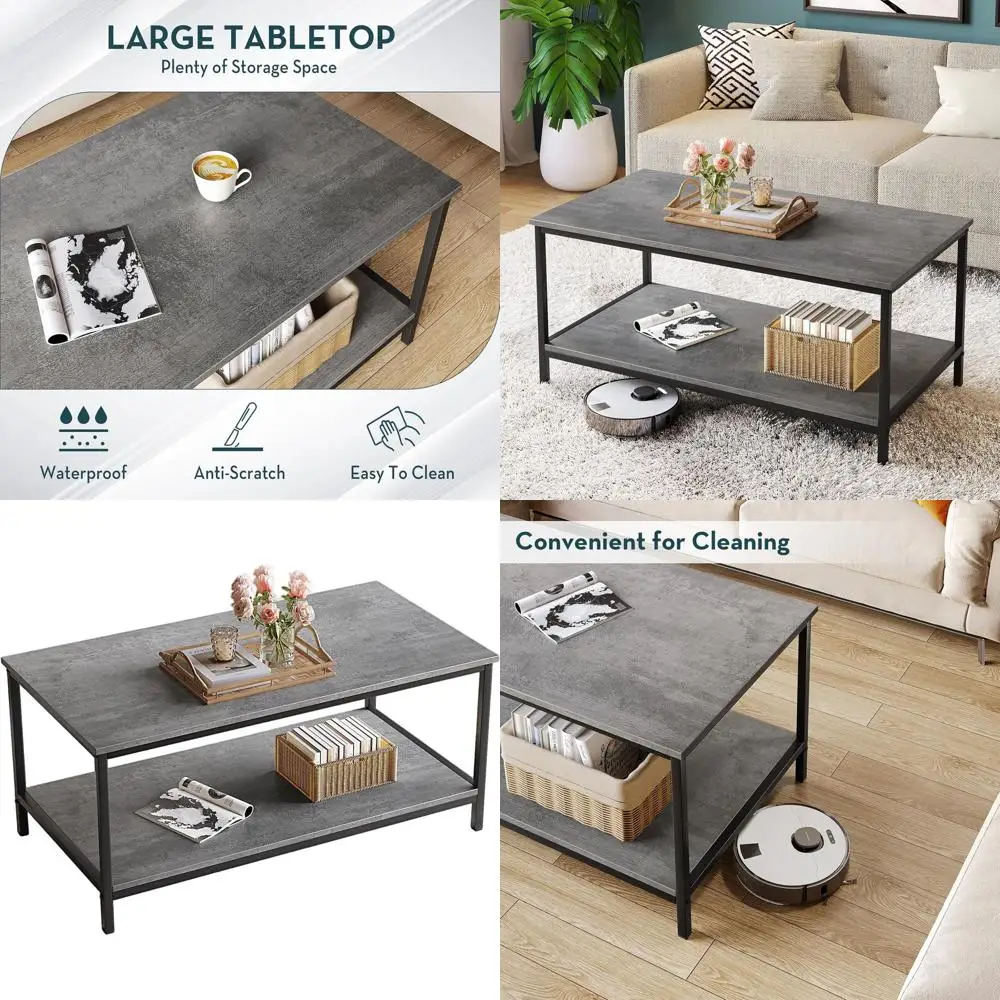 طاولة قهوة على الطراز الصناعي مكونة من طبقتين مع مساحة تخزين، خشب مستطيل لغرفة المعيشة، صديقة للمساحة الصغيرة، لمسة نهائية رمادية خرسانية #1