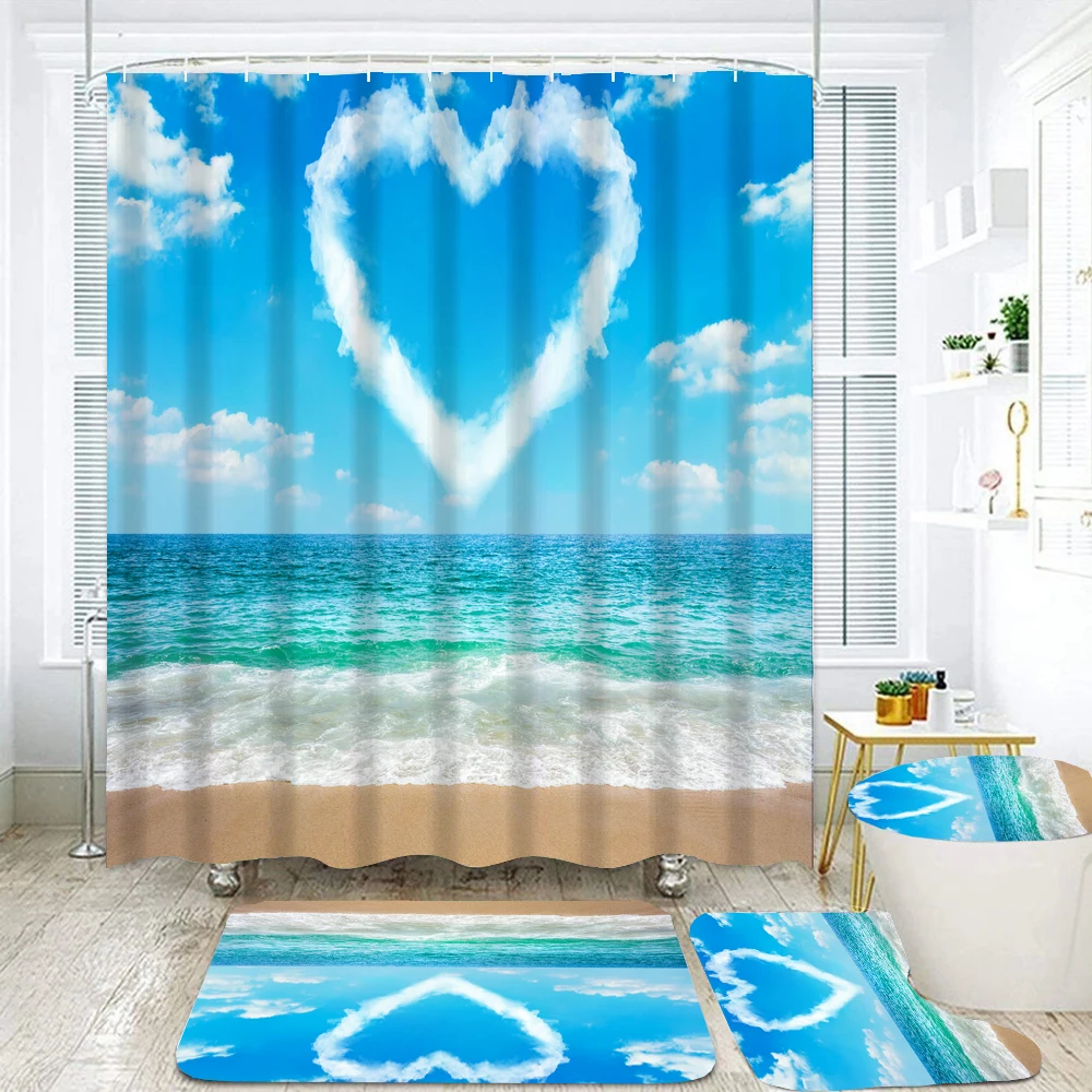 

Beach Shower Curtain Sunny Sea Beach Scenery With Non Slip Rug Mat Bathroom Curtain Set Waterproof Polyester Home Decor 180x180c