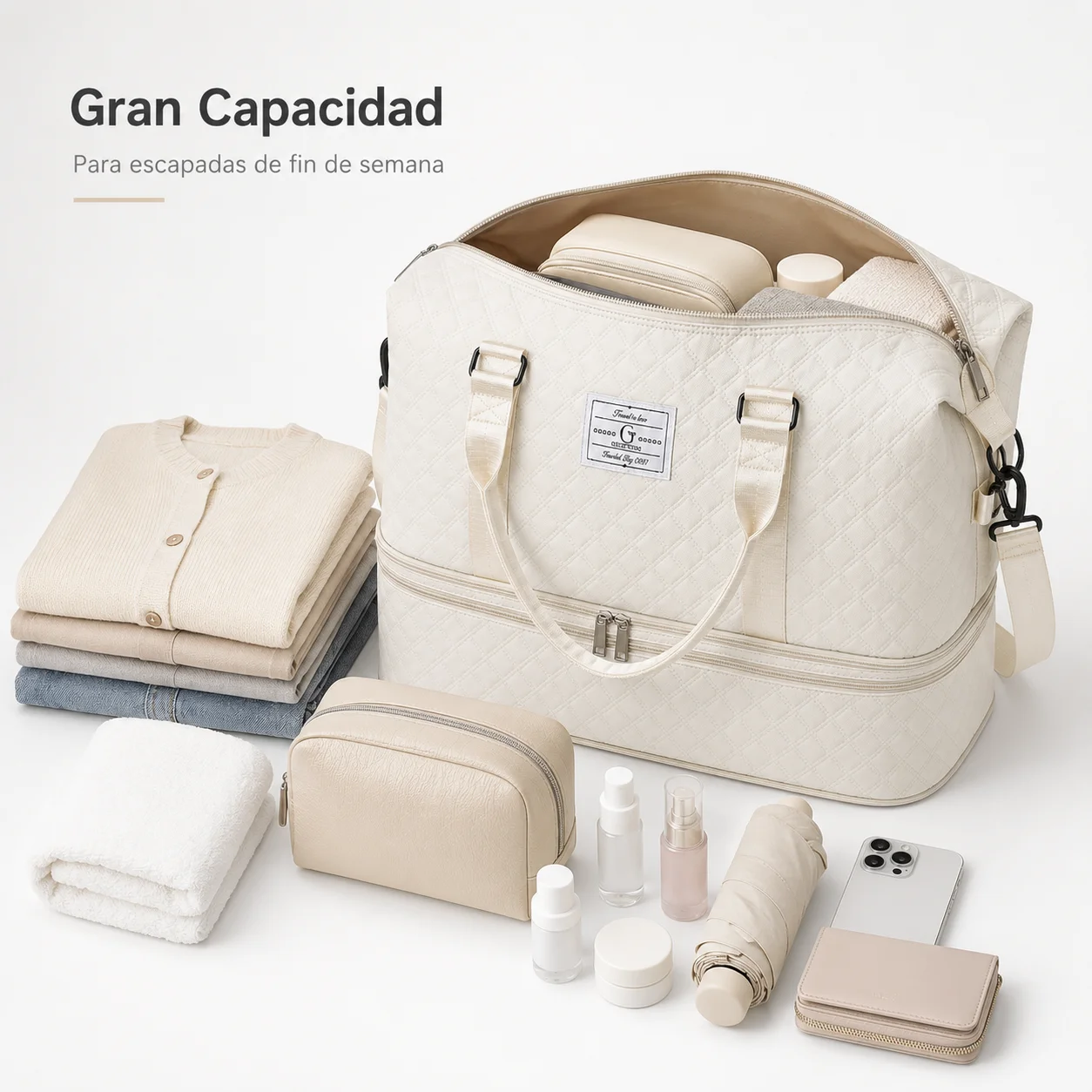 Quilted Travel Duffle Bag with Bottom Compartment, Large Weekender Tote with Shoulder Strap for Gym and Overnight Trips