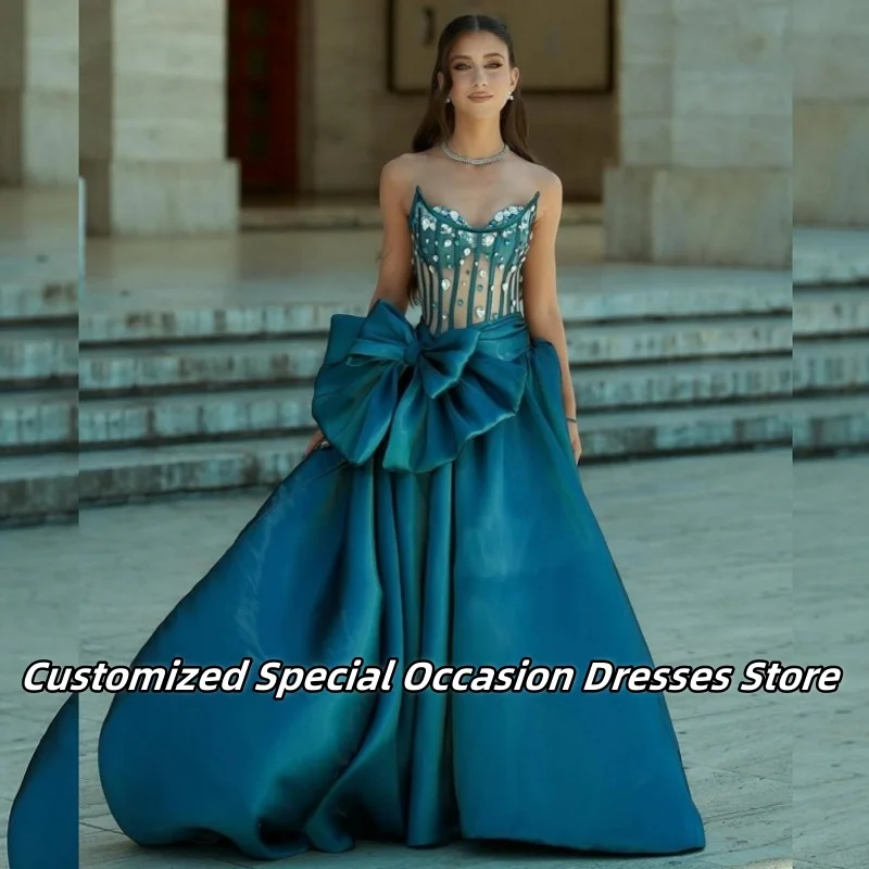 

Saudi Arab Long Elegant Strapless Evening Dress For Women Luxury Rhinestones Bows Prom Dresses Wedding Party Gowns Customized