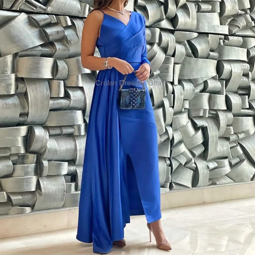 

Royal Blue Satin One Shoulder Prom Dress Saudi Arabia Pleats Side Split Evening Gowns Floor Length Wedding Party Dresses 2024