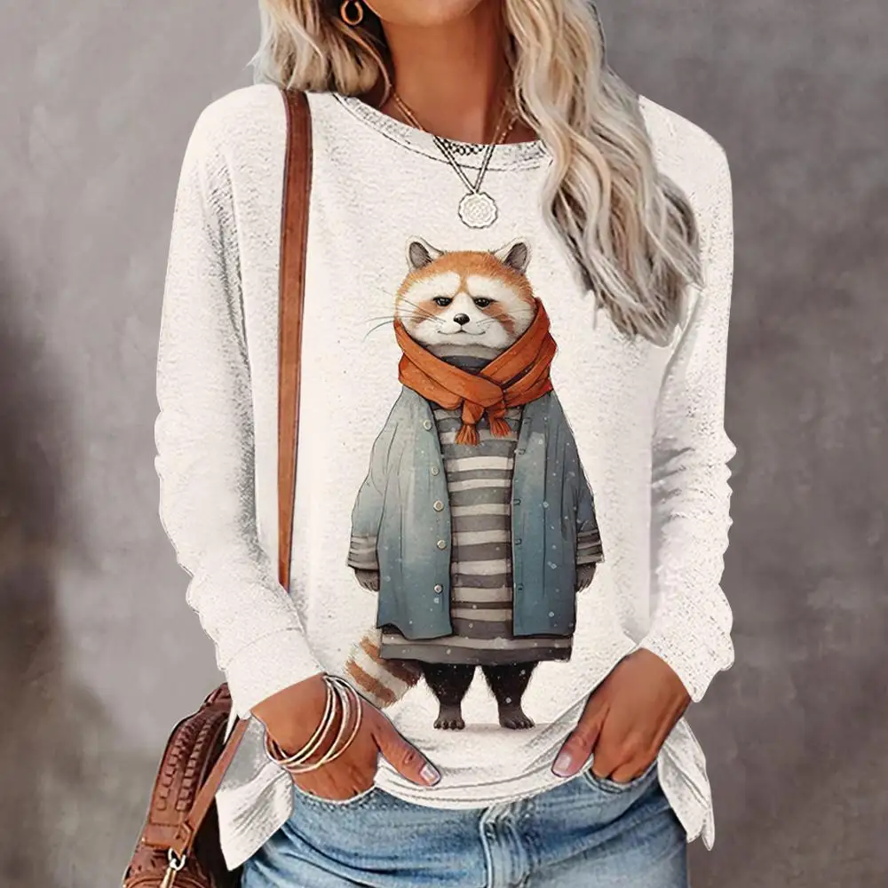 Autumn/Winter Long Sleeve T-Shirts For Women Funny Animals Print Female Kawaii O-Neck Pullover Woman Clothing Fashions Tops New