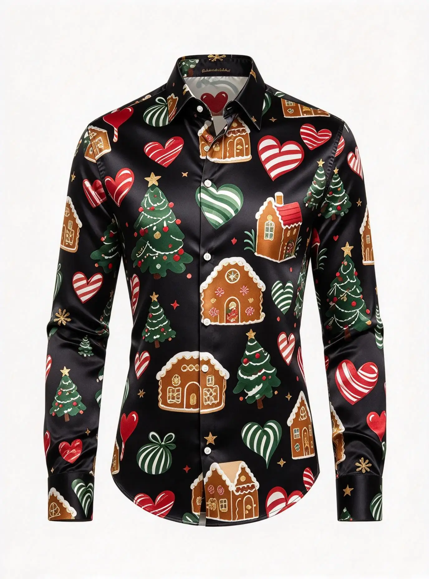 Mens Festive Xmas Printed Shirt Candy Heart Ginger Home Star Pattern Long Sleeve Casual Blouse