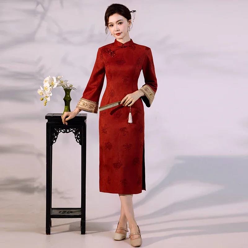 

Вечерняя одежда в винтажном стиле, роскошное замшевое бархатное платье Ципао — современное восточное платье с расклешенными рукавами Gen Z Fashion