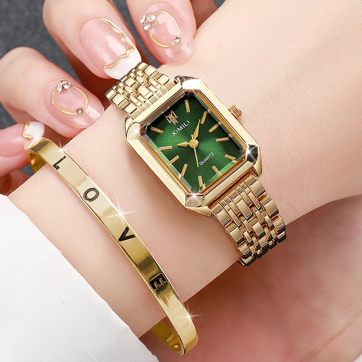 2 Pcs New Simple and Versatile Square Women's Watch Ins Wind Belt Fashion Quartz Watch Set