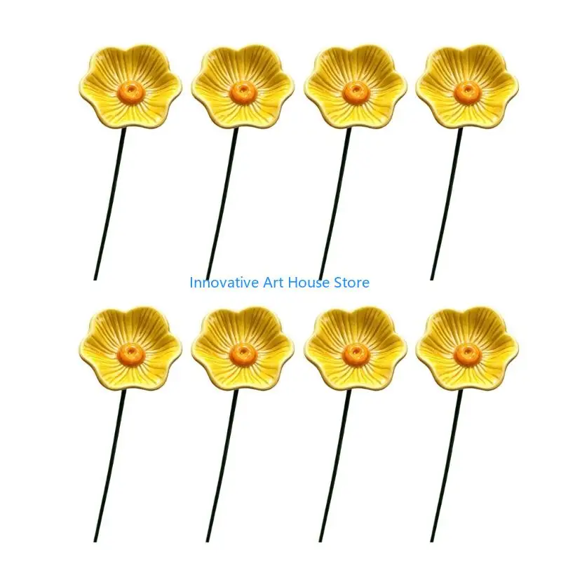 E1PC Ceramic Flower Garden Drinker Stakes Set of 8, Shallow Water Cups on Metal Stakes for Balcony Pots and Outdoor Use