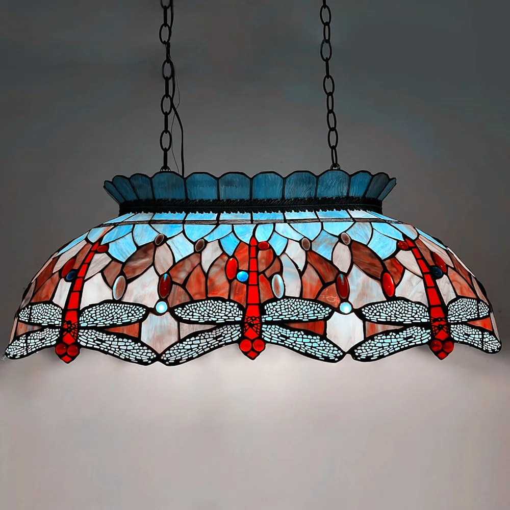 Colorful Church Mosaic Art Glass Style European Retro Dragonfly Pattern Solder Lampshade LED Chandelier Pendant Lamp