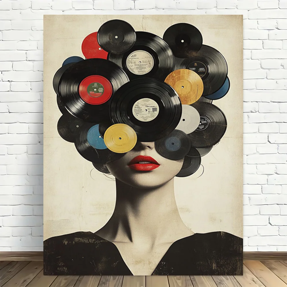 Chic retro-style canvas wall art - frameless modern decor, elegant feminine design with colorful vinyl record elements, printed