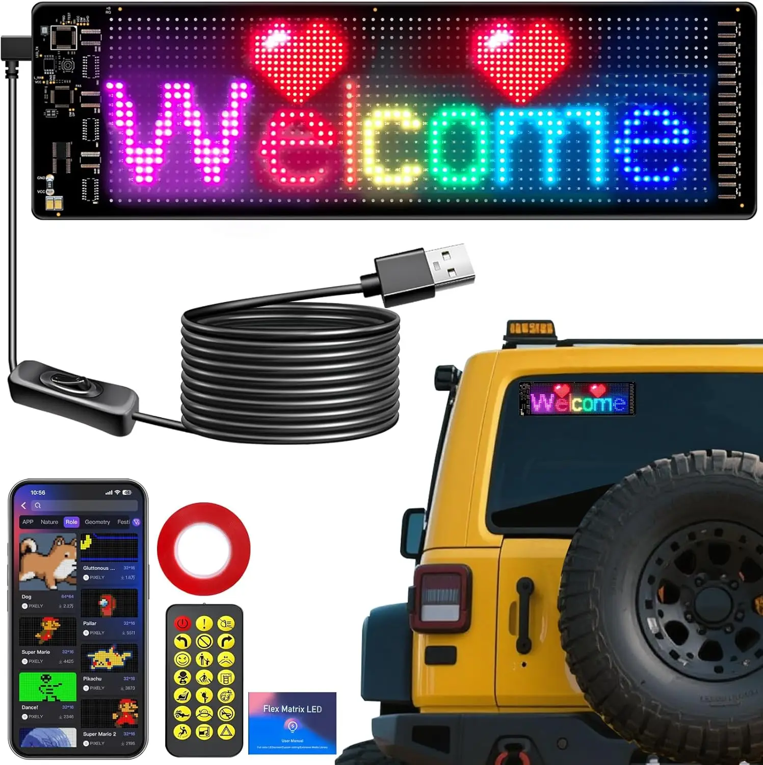 علامة LED للتمرير قابلة للبرمجة شاشة رقمية مرنة التحكم عبر USB والتطبيق محرر DIY مخصص نص أنماط الرسوم المتحركة للسيارة #1