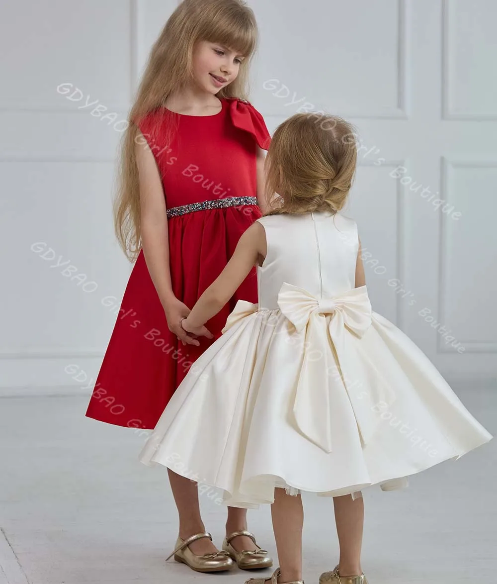 

Customized Tea_Length Flower Girl Dresses for Wedding Toddlers Satin Bow Princess Pageant Dress Party Gown for 2-14 Children