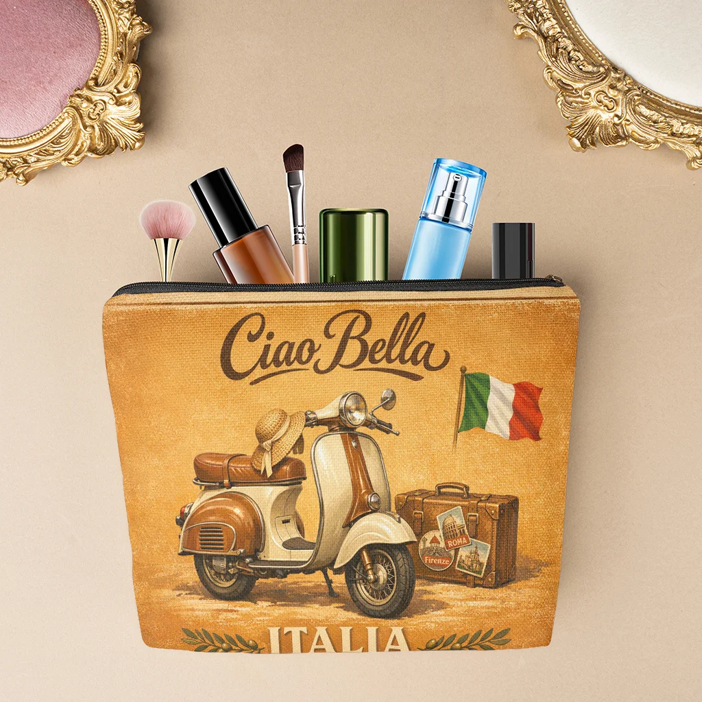1 Piece Italian Retro Motorcycle Poster Design Makeup Bag - Multifunctional Zipper Pouch for Women, Perfect Travel Zipper Storage Bag, Fun Birthday Gift