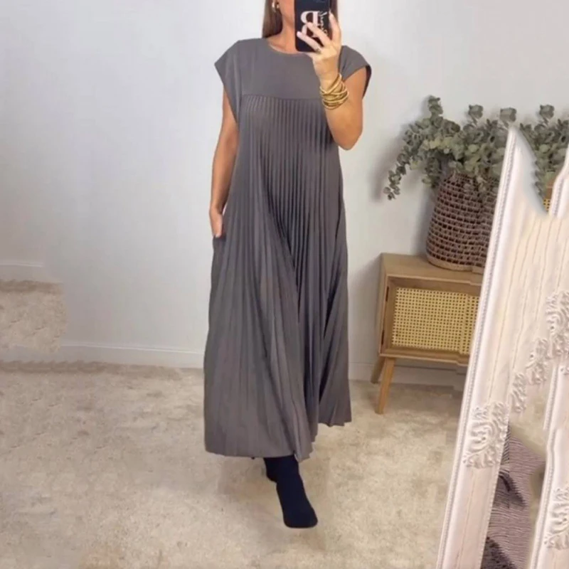 Female Side Double Pockets Gown Dress Women Summer Solid Pleated Dresses Fashion Comfortable Casual Street Flying Sleeve Dress