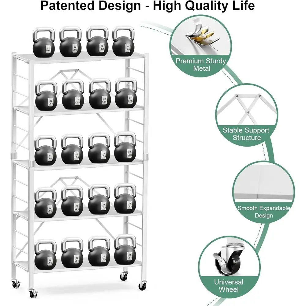 Регулируемые 5-уровневые складные металлические полки на колесах, стеллаж для хранения на 2 предмета, для кухни, комнаты, гаража, белый