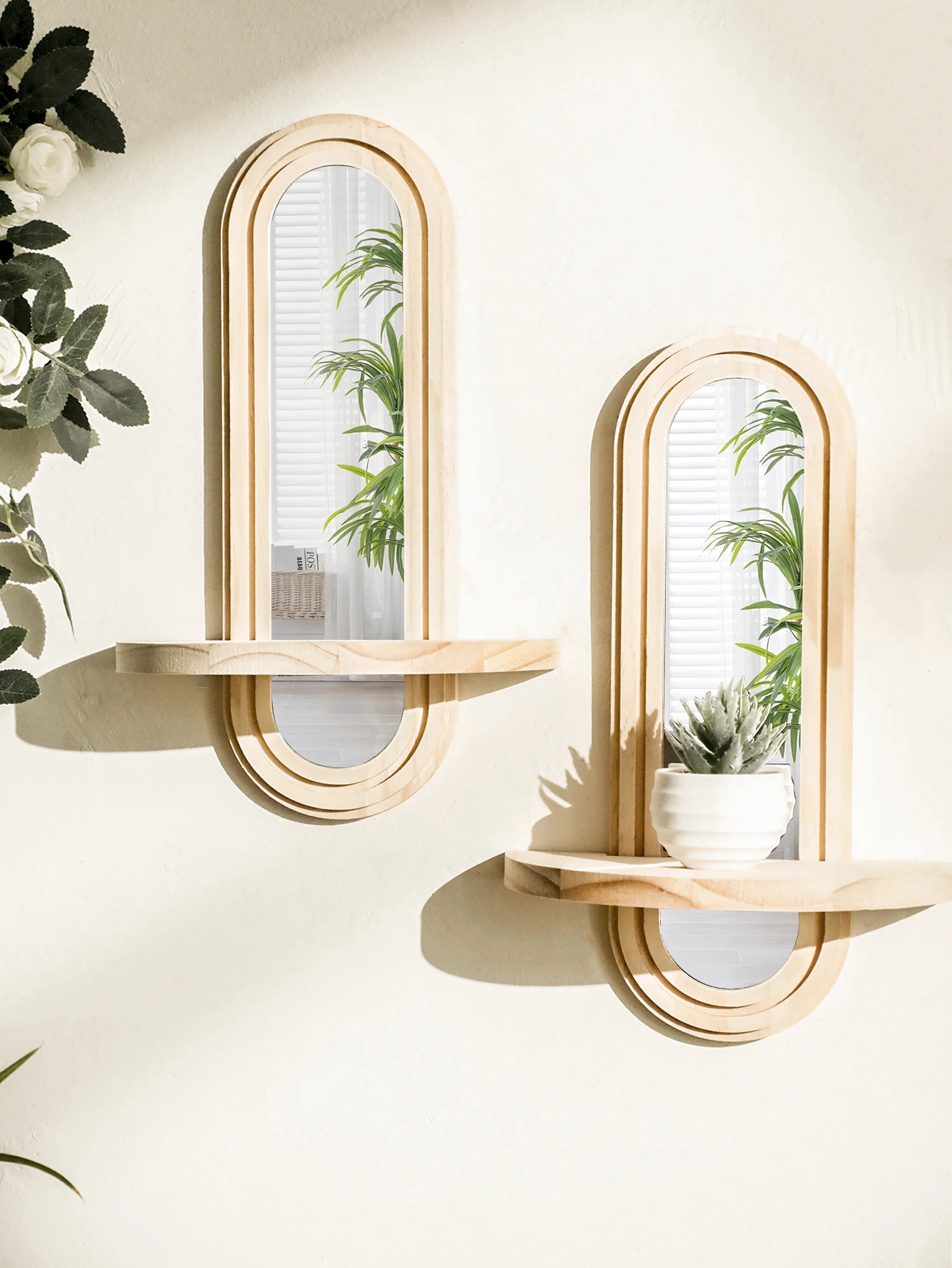 1pc Wooden Wall Shelves Boho Wall Mirror Natural Wood Finish Shelf Plant Display Stand for Bedroom Living Room Home Organization view 4