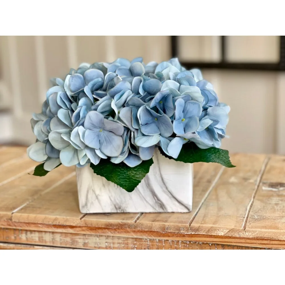 Real touch blue gray hydrangeas floral arrangement, small centerpiece tabletop fuax marble rectangular container