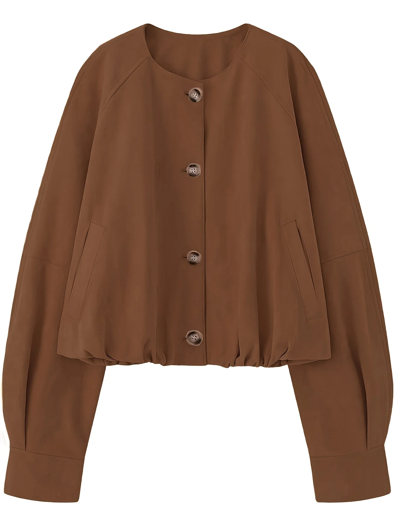 

2026 Brown Cropped Button Jacket: Balloon Sleeve Ruched Hem Casual Lightweight Spring Cardigan Outwear