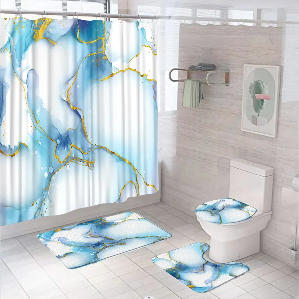 Marbling 3D Shower Curtains Luxury Marble Blue Golden Veins Bath Mats Set Pedestal Rug Toilet Cover Bathroom Curtain with Hooks