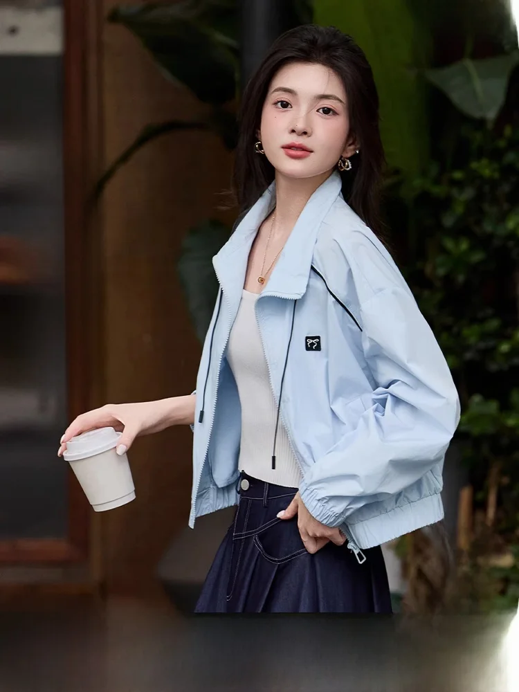 

Женская ветрозащитная куртка с длинными рукавами, весна 2026, новая расцветка, в полоску, с поясом, воротником-стойкой, свободного кроя