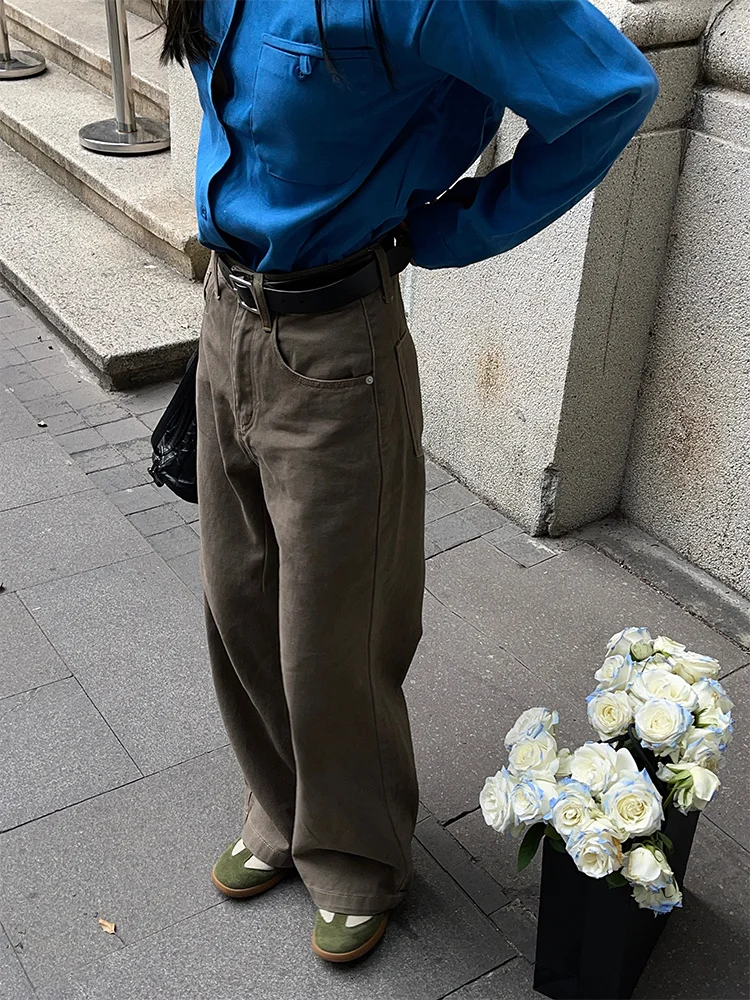 

Коричневые джинсовые брюки с высокой талией и широкими штанинами, женские осенне-зимние новые свободные прямые брюки в пол в американском стиле ретро