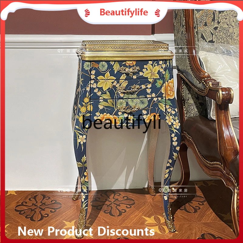 

CQY French Retro Hand-painted Three-drawer Cabinet Pure Copper Carved Decorative Cabinet Living Room Solid Wood Corner Cabinet
