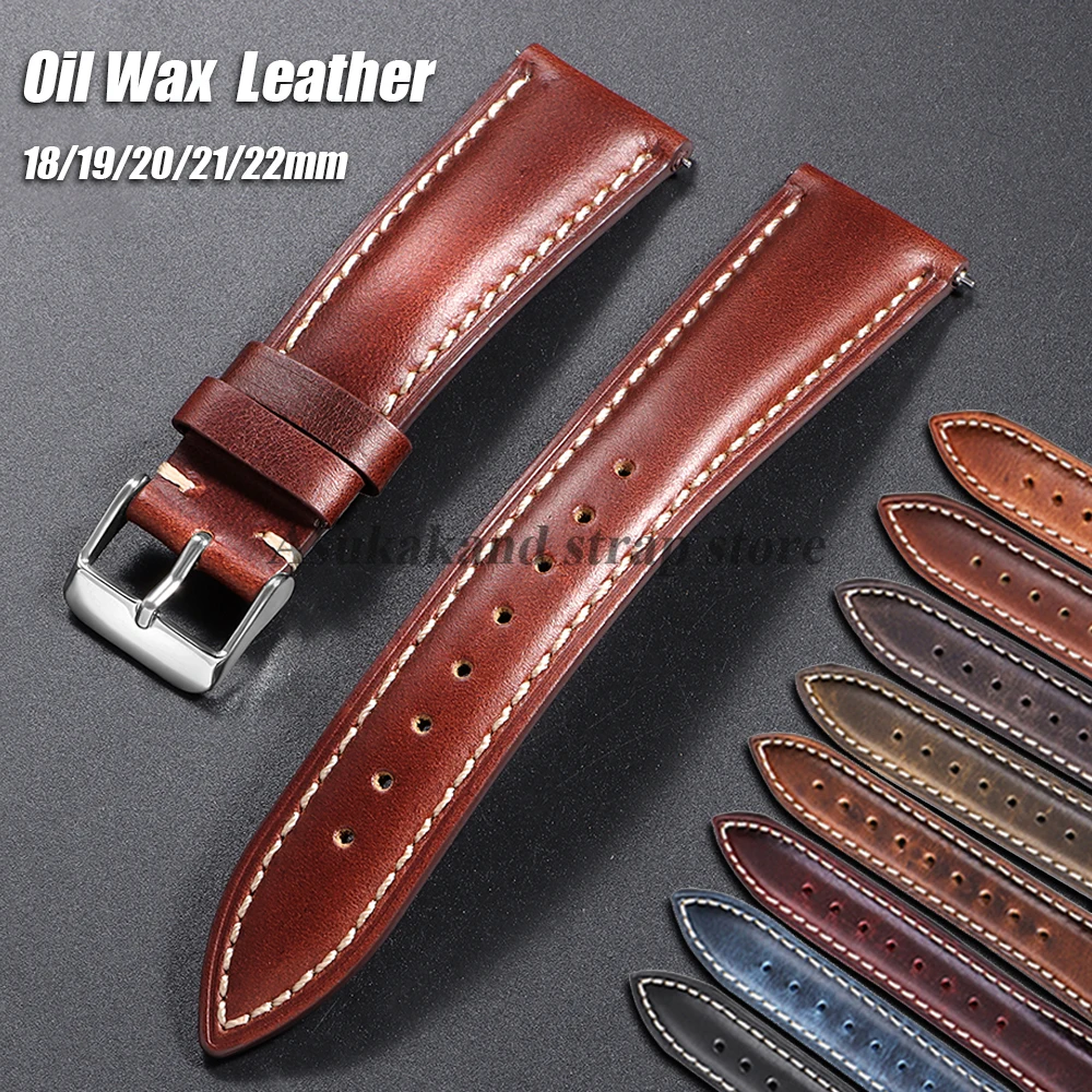 Universal 18mm  20mm 22mm 19mm 21mm Brown Vintage Oil Wax Leather WatchStrap Head Layer Cowhide Watchband Accessories Pin Buckle
