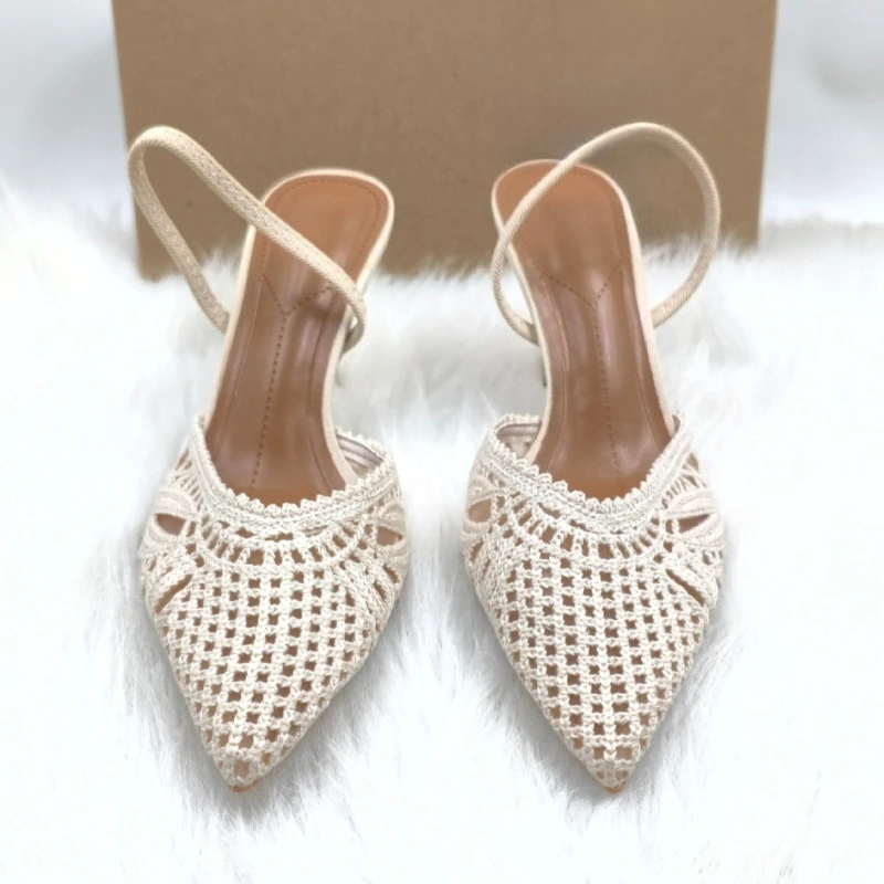Women Sandals White Crochet Knit Slingback Heels Pumps Pointed Toe Hollow Stiletto Heel Ladies Elegant Backless Daily Wear Shoes view 3