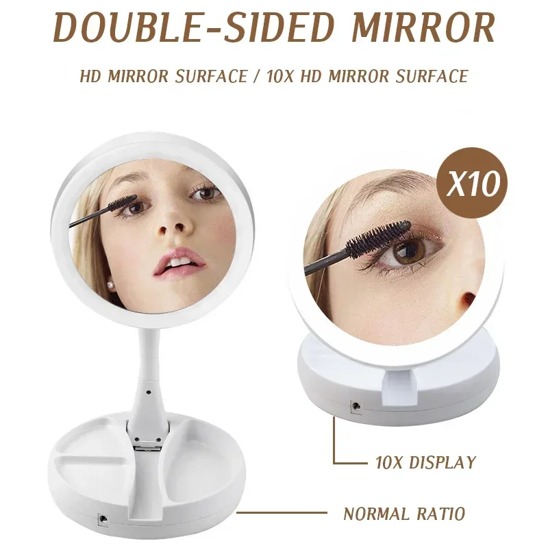 Miroir de courtoisie pliable lumière LED miroir blanc maquillage 360 ° Rotation Détachable/Base de Rangement Miroir 3 Modes avec Chargeur USB